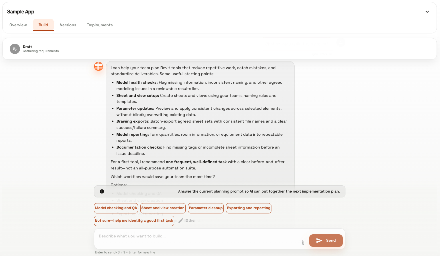 Start with your team’s workflow. In this conversation, Conduit suggests Revit tool ideas and helps narrow the brief for a first app.