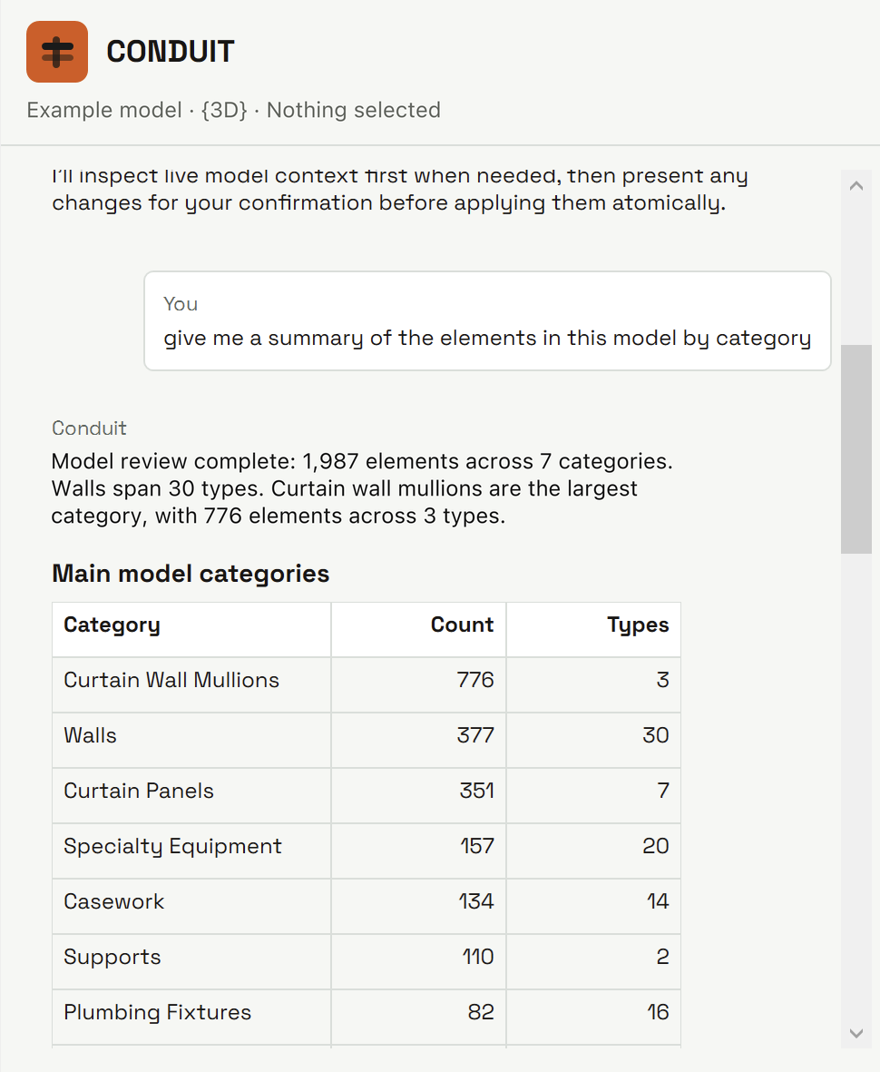 Explore element counts, category breakdowns, and wall types in your model.
