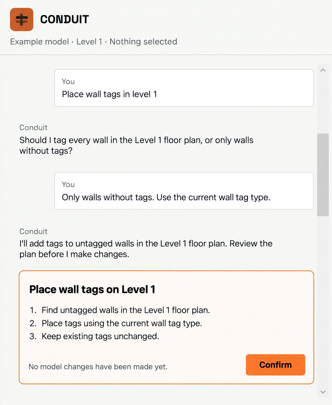 Ask Copilot to place wall tags on Level 1, clarify which walls to include, and review the plan before confirming changes.