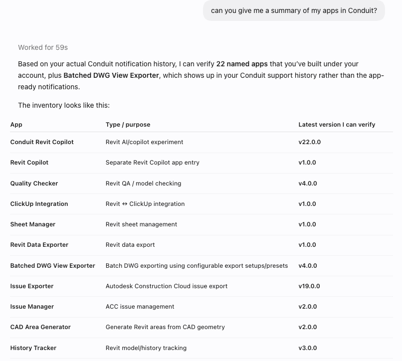 Ask ChatGPT about your Conduit apps to see what each tool does and which versions your team has built.