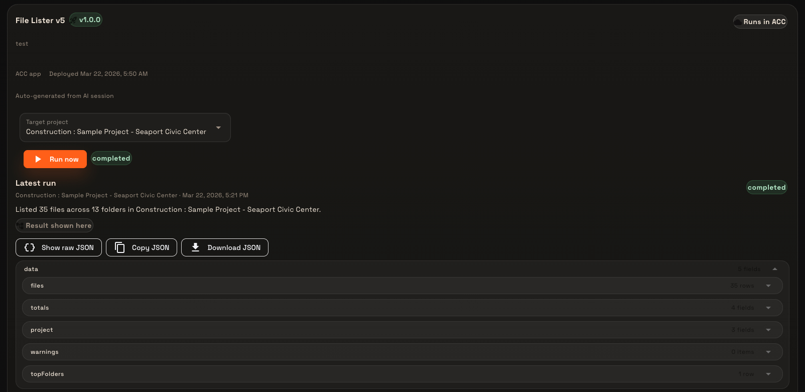 An ACC-targeted app generated by Conduit, executing against a real construction project