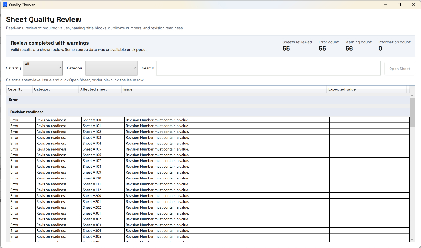 A sheet review flags missing revision numbers and groups issues for follow-up. This run reviewed 55 sheets and reported 55 errors and 56 warnings.