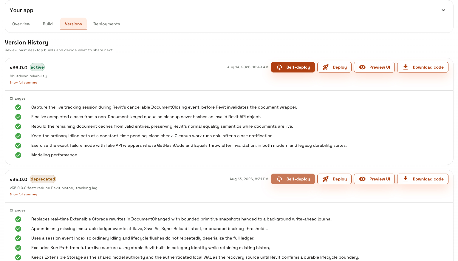Review saved versions, see what changed, and choose the version to deploy to your team.